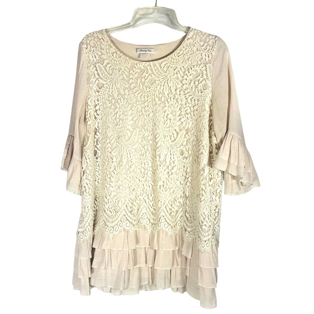 Paisley Vine  Beige Lace Ruffle-Tiered‎ 3/4 Sleeve Tunic 2 XL gauze